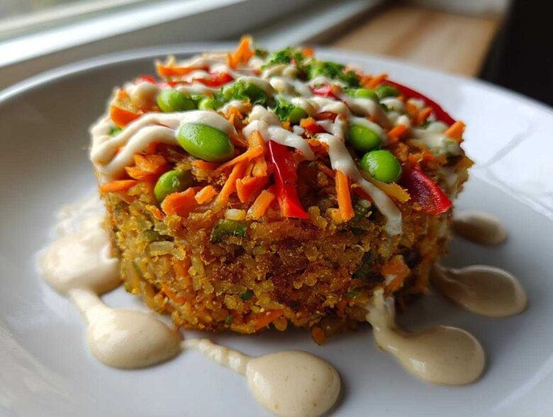 A perfectly molded, crispy rice salad patty topped with shredded carrots, edamame, and drizzled with creamy tahini ginger dressing.