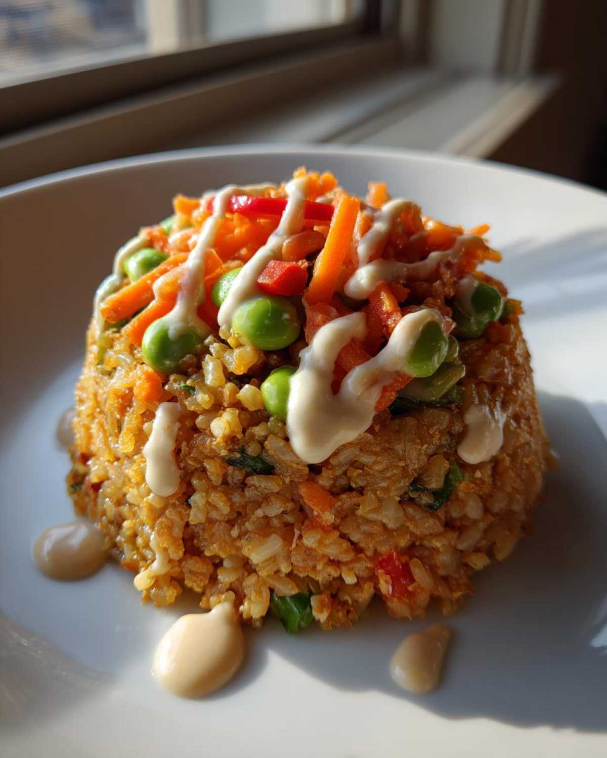 A molded serving of crispy rice salad with edamame, shredded carrots, and a creamy tahini ginger dressing drizzle.