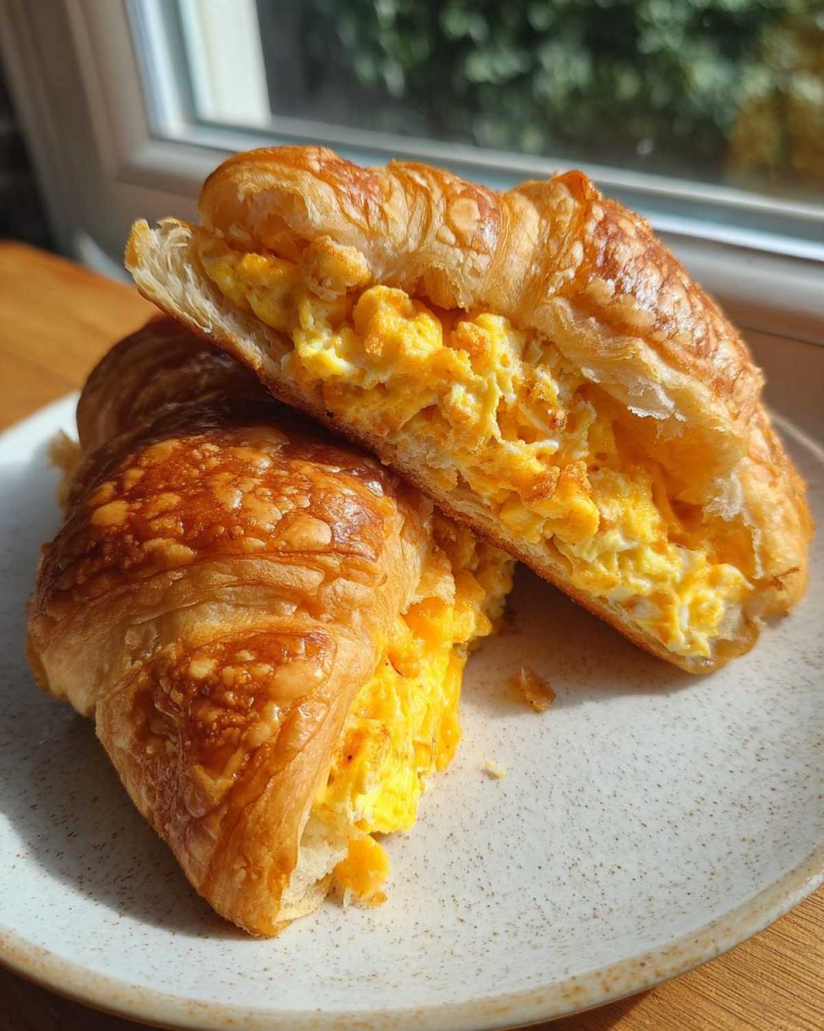 Close-up of a flaky croissant cut in half and filled generously with fluffy scrambled eggs, part of Hearty Breakfast Rolls with Sausage and Egg.
