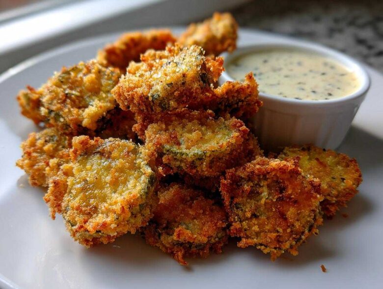 A close-up of golden brown Delicious Air Fryer Fried Pickles stacked on a white plate next to a small bowl of dipping sauce.