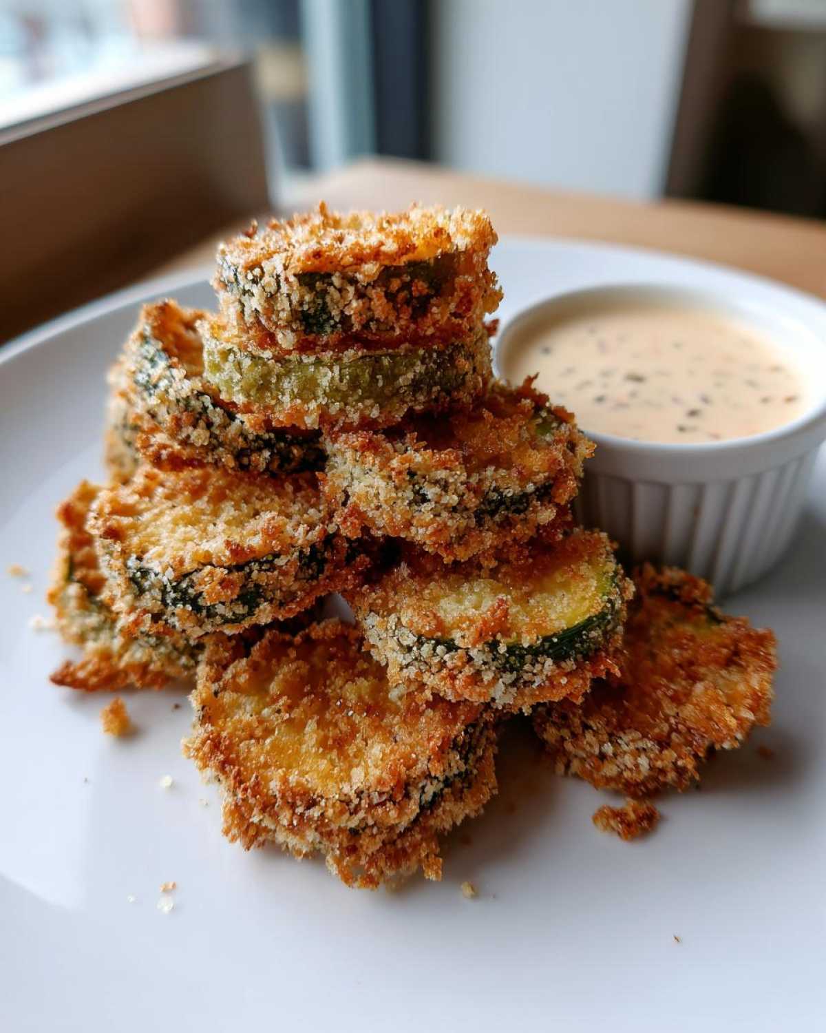 A stack of crispy, golden Delicious Air Fryer Fried Pickles served on a white plate next to a small bowl of creamy dipping sauce.