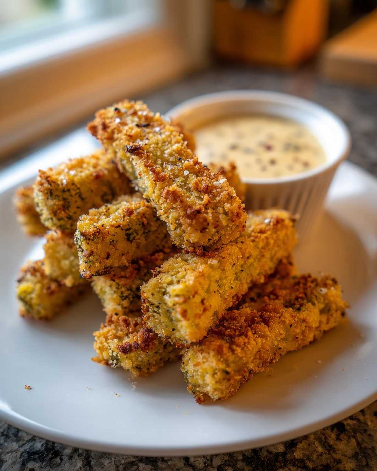 A stack of crispy, golden Delicious Air Fryer Fried Pickles served on a white plate next to a small bowl of creamy dipping sauce.