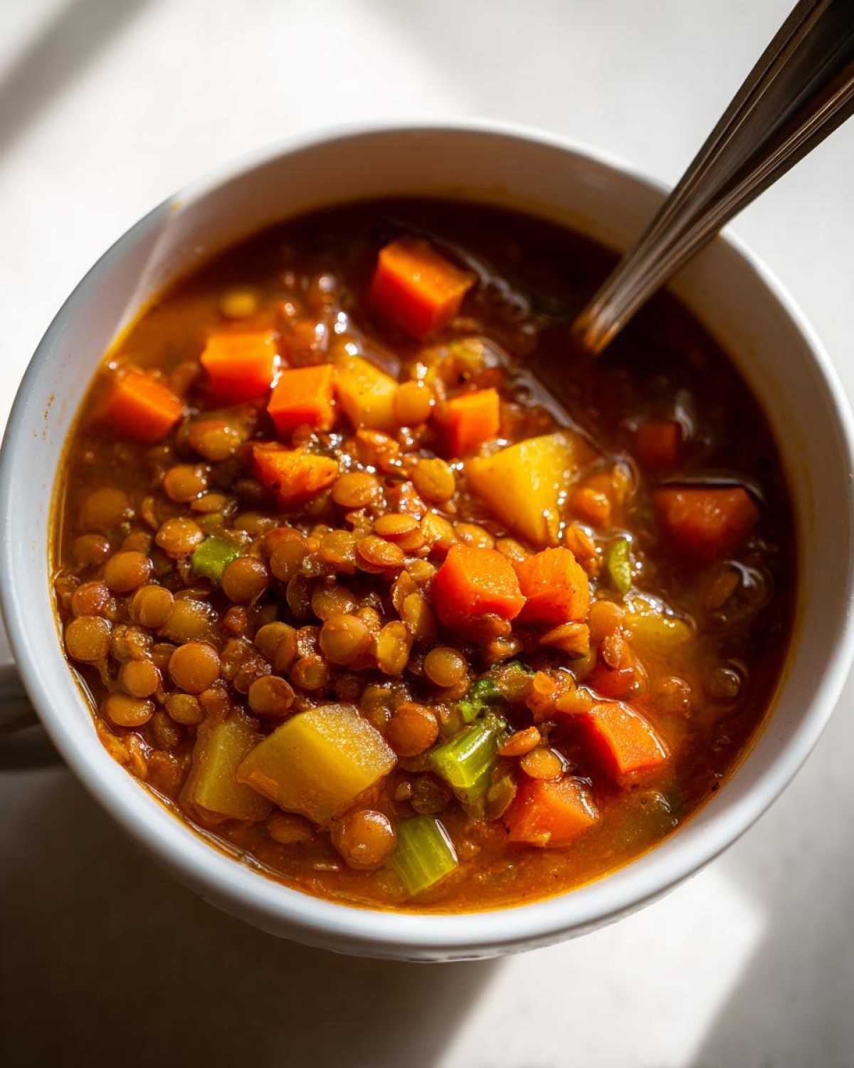 Close-up overhead shot of a bowl filled with Easy Lentil Potato Soup, featuring lentils, diced carrots, potatoes, and celery.