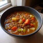 A close-up of a dark bowl filled with hearty Easy Lentil Potato Soup, featuring lentils, diced potatoes, carrots, and celery.