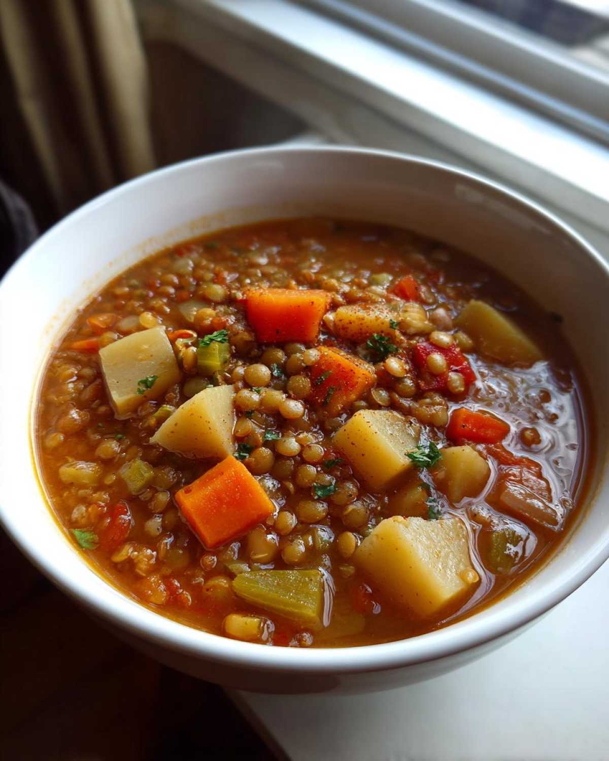 Close-up of a bowl of Easy Lentil Potato Soup, featuring lentils, large chunks of potato, and carrots.