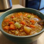 Close-up of a bowl of Easy Lentil Potato Soup Recipe, featuring lentils, carrots, celery, and potatoes.