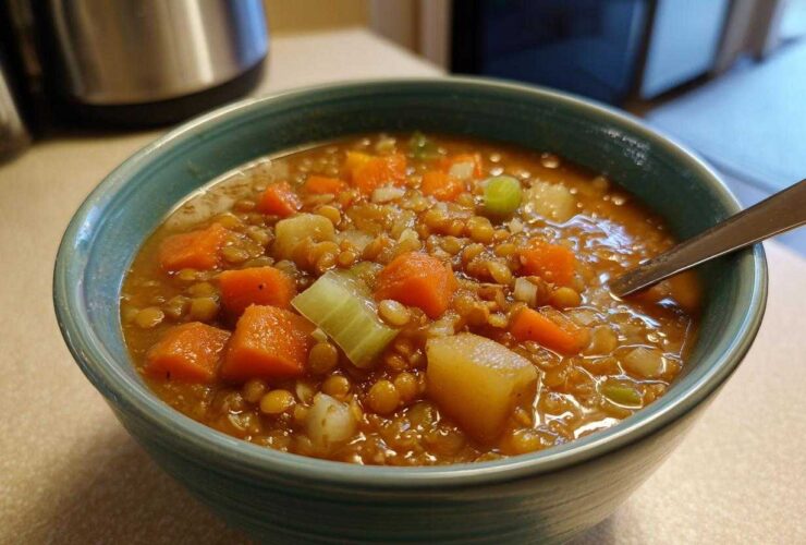 Close-up of a bowl of Easy Lentil Potato Soup Recipe, featuring lentils, carrots, celery, and potatoes.