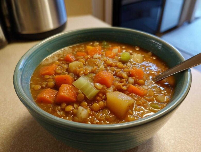 Close-up of a bowl of Easy Lentil Potato Soup Recipe, featuring lentils, carrots, celery, and potatoes.