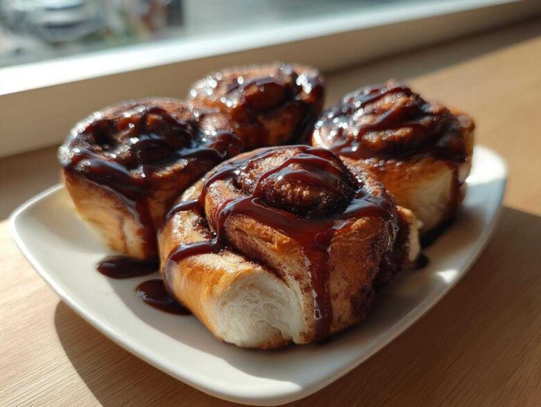 Four freshly baked coffee rolls generously drizzled with dark, shiny glaze, served on a white plate.