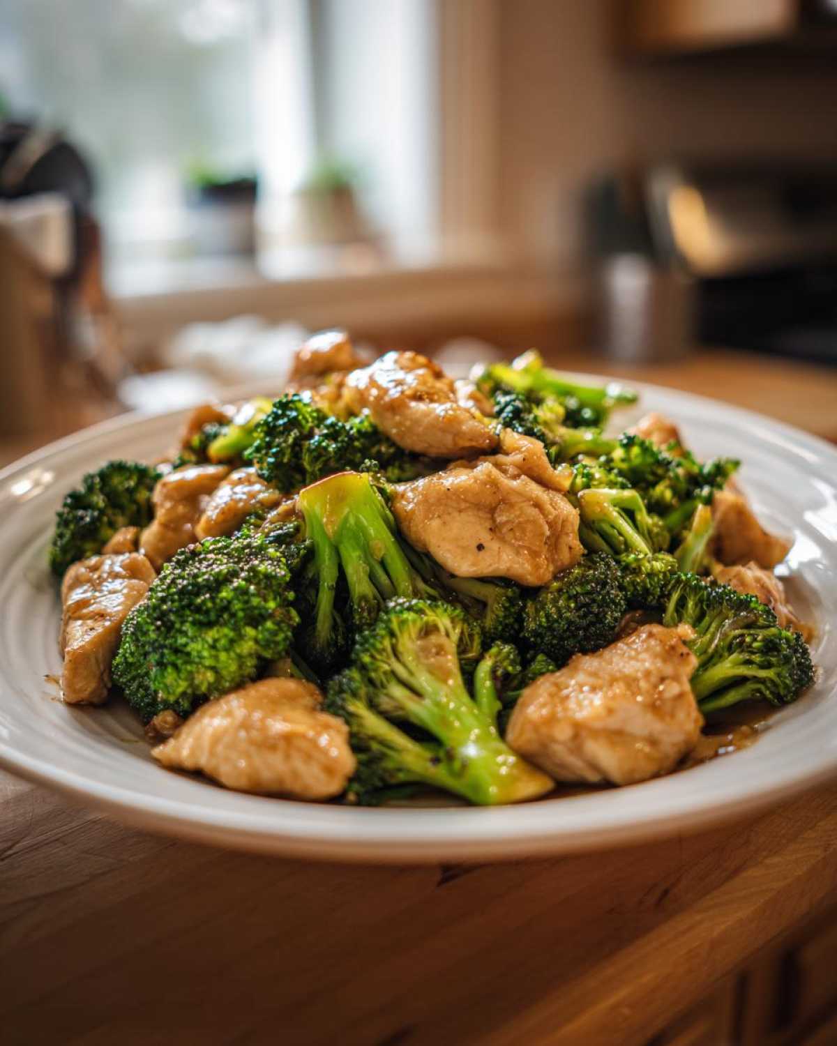 A close-up of a white plate filled with tender pieces of chicken and bright green broccoli florets coated in a savory sauce for Garlic Butter Chicken and Broccoli Stir Fry.