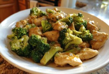 A white plate filled with pieces of tender chicken and bright green broccoli florets coated in a savory Garlic Butter Chicken and Broccoli Stir Fry sauce.
