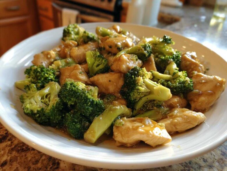 A white plate filled with pieces of tender chicken and bright green broccoli florets coated in a savory Garlic Butter Chicken and Broccoli Stir Fry sauce.