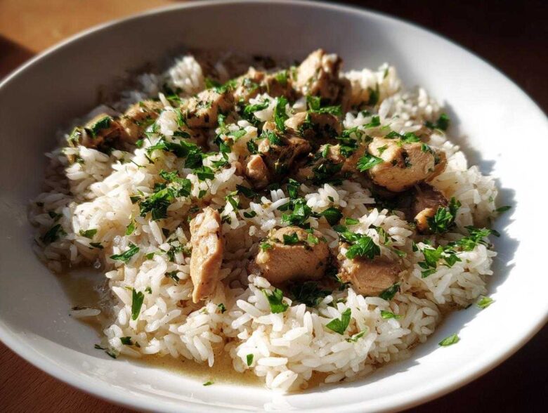 A close-up of a white bowl filled with fluffy white rice topped with chunks of chicken and fresh parsley, representing the Garlic Butter Chicken and Rice One Pot Dinner.