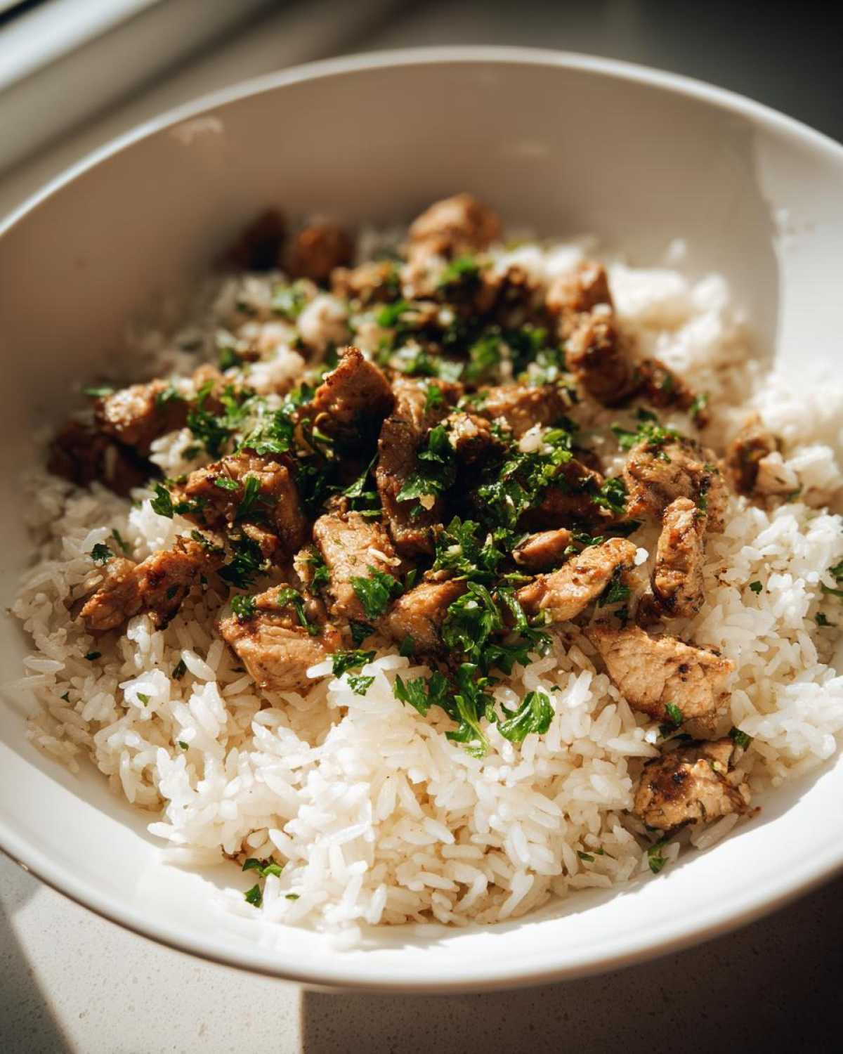 Close-up of Garlic Butter Chicken and Rice One Pot Dinner, featuring seasoned chicken pieces over white rice topped with fresh parsley.