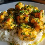 Close-up of golden Garlic Butter Salmon Bites generously topped with chives, served on a bed of fluffy white rice.