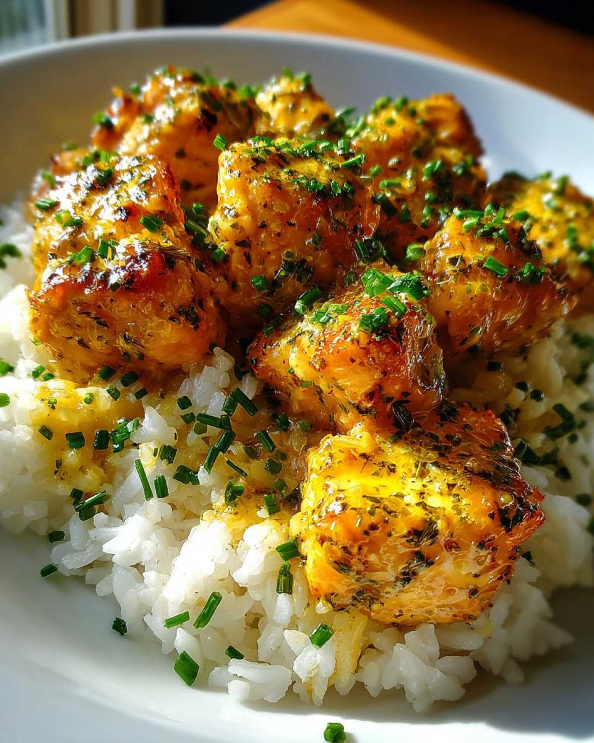 Close-up of golden Garlic Butter Salmon Bites served over fluffy white rice and garnished with fresh chives.