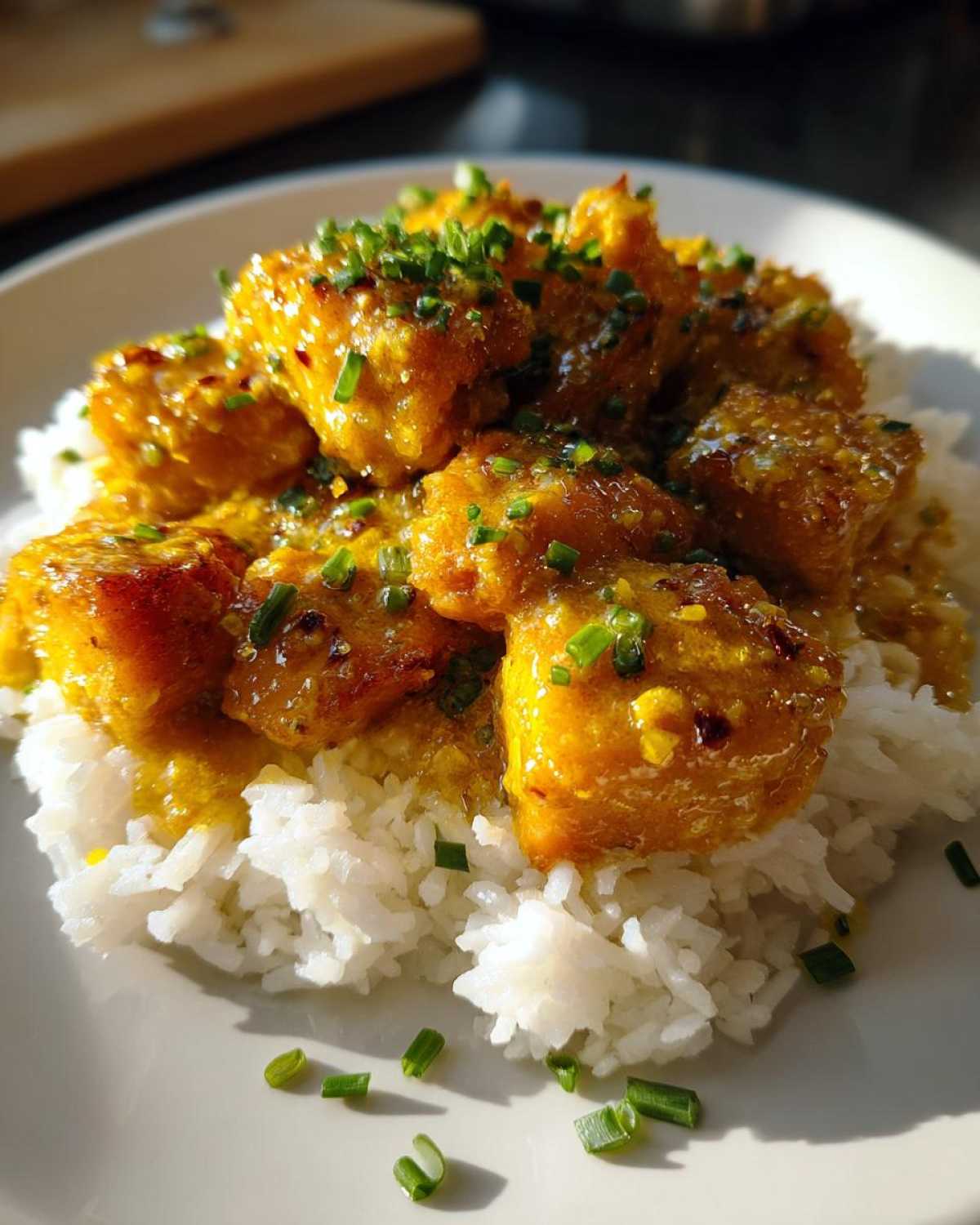 Close-up of golden Garlic Butter Salmon Bites served over a bed of fluffy white rice, garnished with chopped chives.