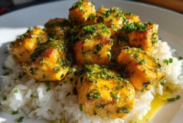 Close-up of golden Garlic Butter Salmon Bites generously topped with chives, served on a bed of fluffy white rice.