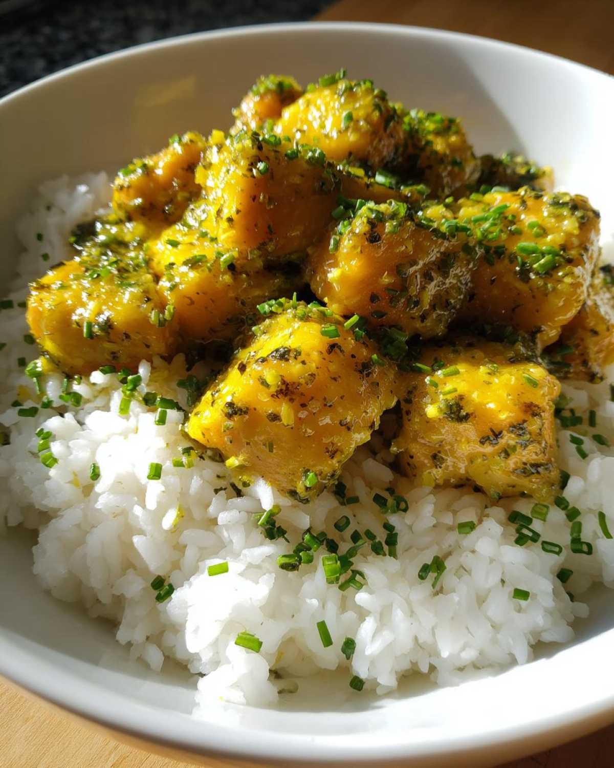 Close-up of Garlic Butter Salmon Bites coated in a yellow sauce and topped with chives, served over a bed of fluffy white rice.