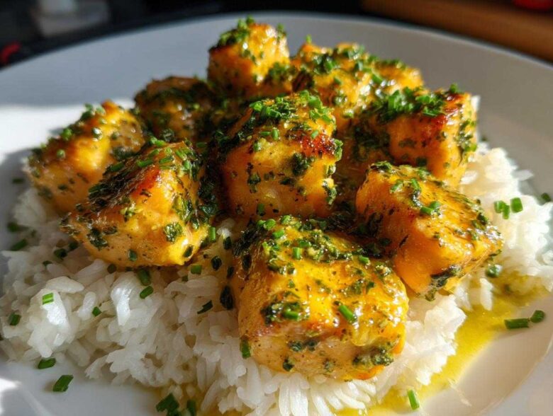 Close-up of golden Garlic Butter Salmon Bites generously topped with chives, served on a bed of fluffy white rice.