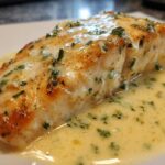 Close-up of a perfectly cooked fillet of Garlic Butter Salmon with Creamy Lemon Sauce drizzled over it.