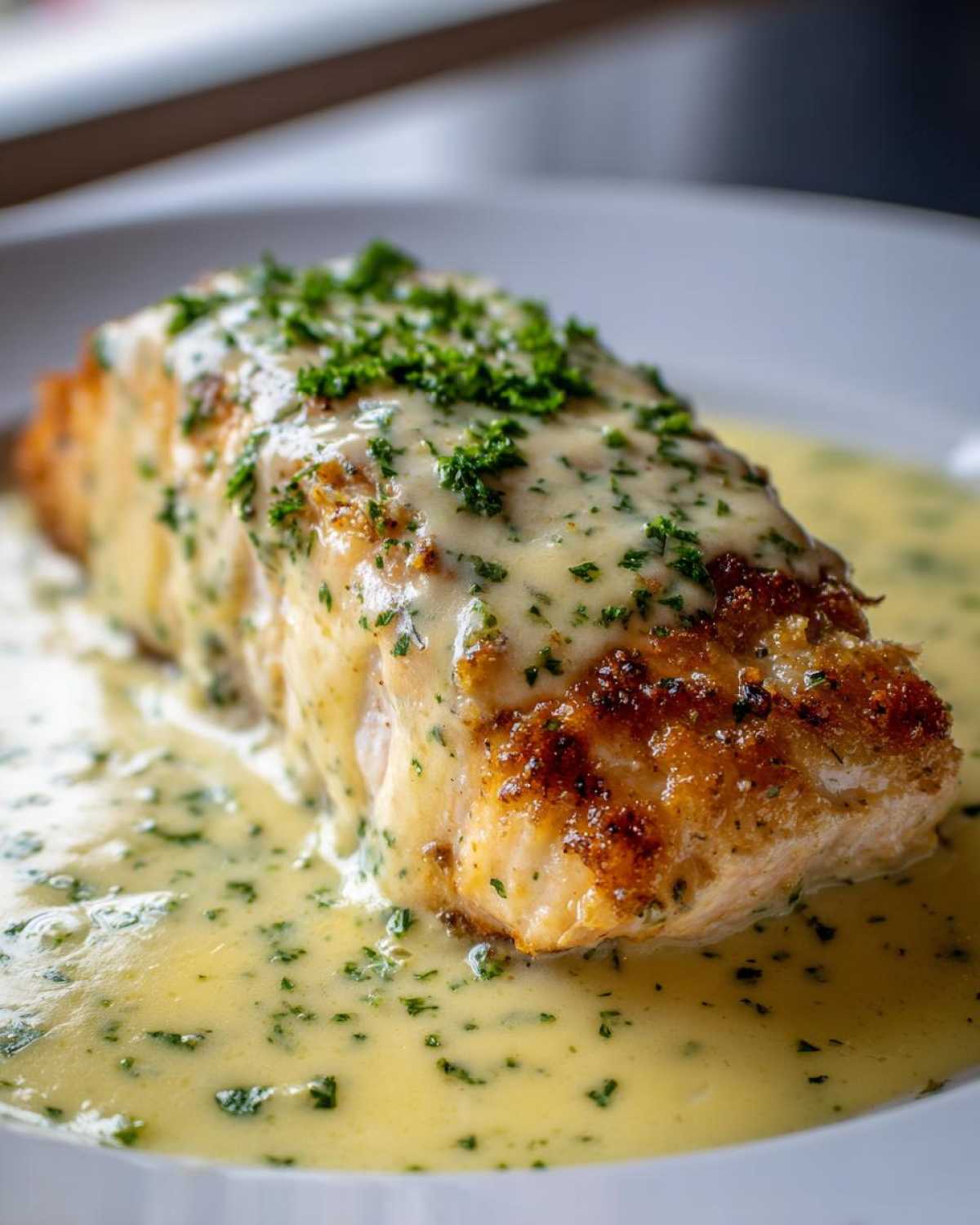 Close-up of a perfectly cooked Garlic Butter Salmon with Creamy Lemon Sauce, topped with fresh parsley.