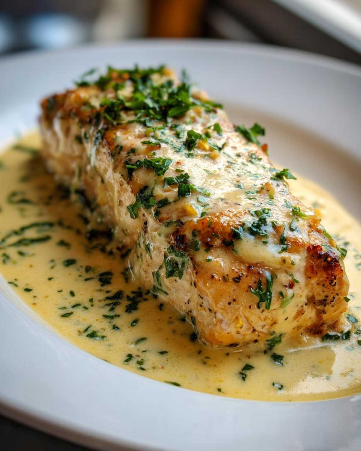 A perfectly cooked fillet of Garlic Butter Salmon with Creamy Lemon Sauce, topped with fresh parsley.
