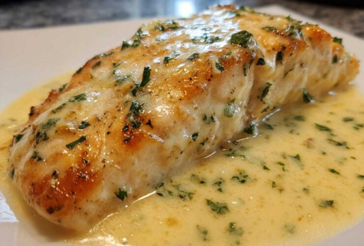 Close-up of a perfectly cooked fillet of Garlic Butter Salmon with Creamy Lemon Sauce drizzled over it.