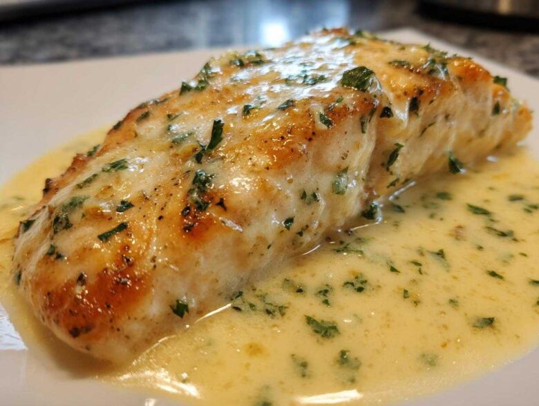 Close-up of a perfectly cooked fillet of Garlic Butter Salmon with Creamy Lemon Sauce drizzled over it.