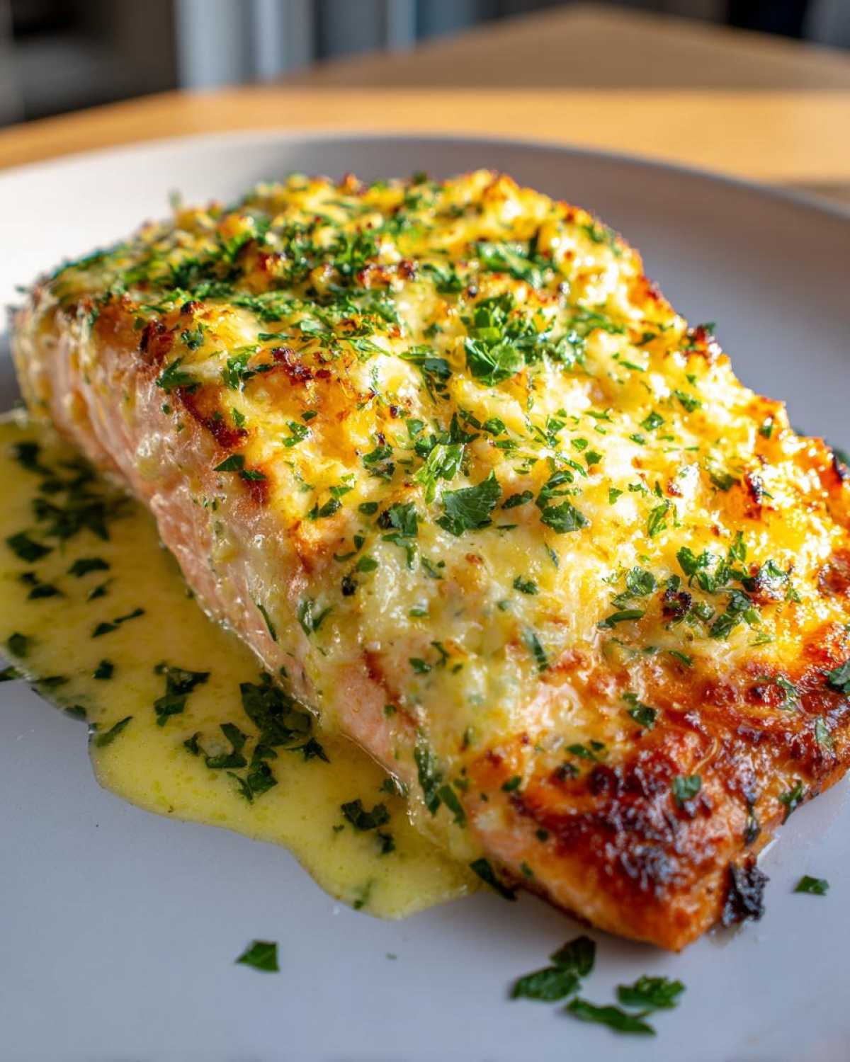 Close-up of a baked Garlic Butter Salmon with Lemon Garlic Sauce, topped with melted cheese and fresh parsley.