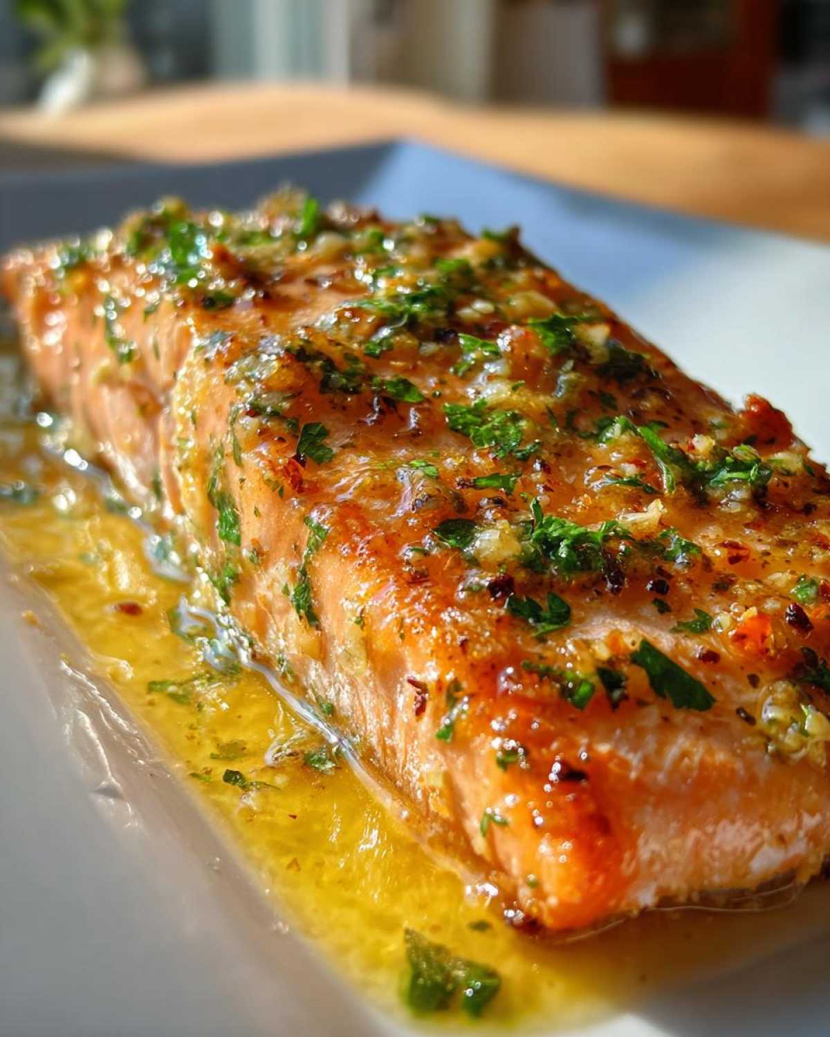 A perfectly cooked fillet of Garlic Butter Salmon with Lemon Sauce, glistening with butter and topped with fresh parsley.