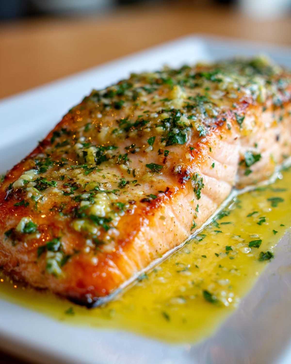 Close-up of a perfectly cooked fillet of Garlic Butter Salmon with Lemon Sauce, glistening with butter and herbs.