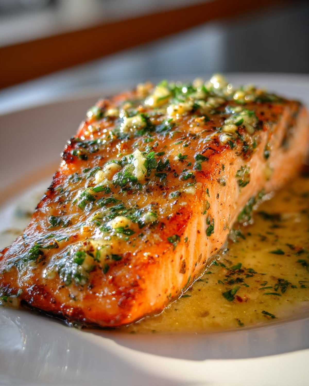 A perfectly cooked fillet of Garlic Butter Salmon with Lemon Sauce, glistening with butter and topped with minced garlic and parsley.