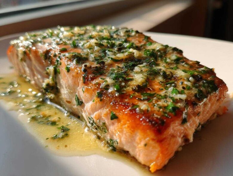 Close-up of a perfectly cooked fillet of Garlic Butter Salmon with Lemon Garlic Sauce, topped with herbs.