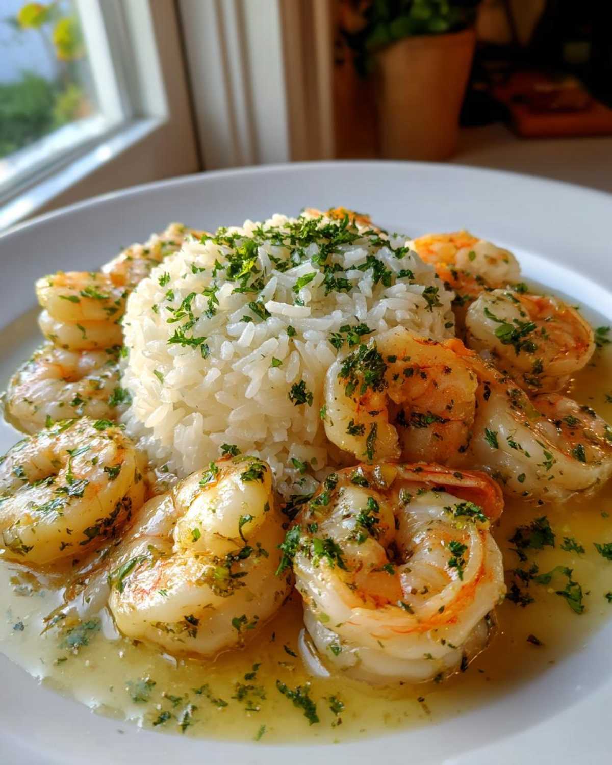 Plated Garlic Butter Shrimp and Rice Easy Recipe, featuring shrimp coated in garlic butter sauce surrounding a mound of white rice topped with parsley.