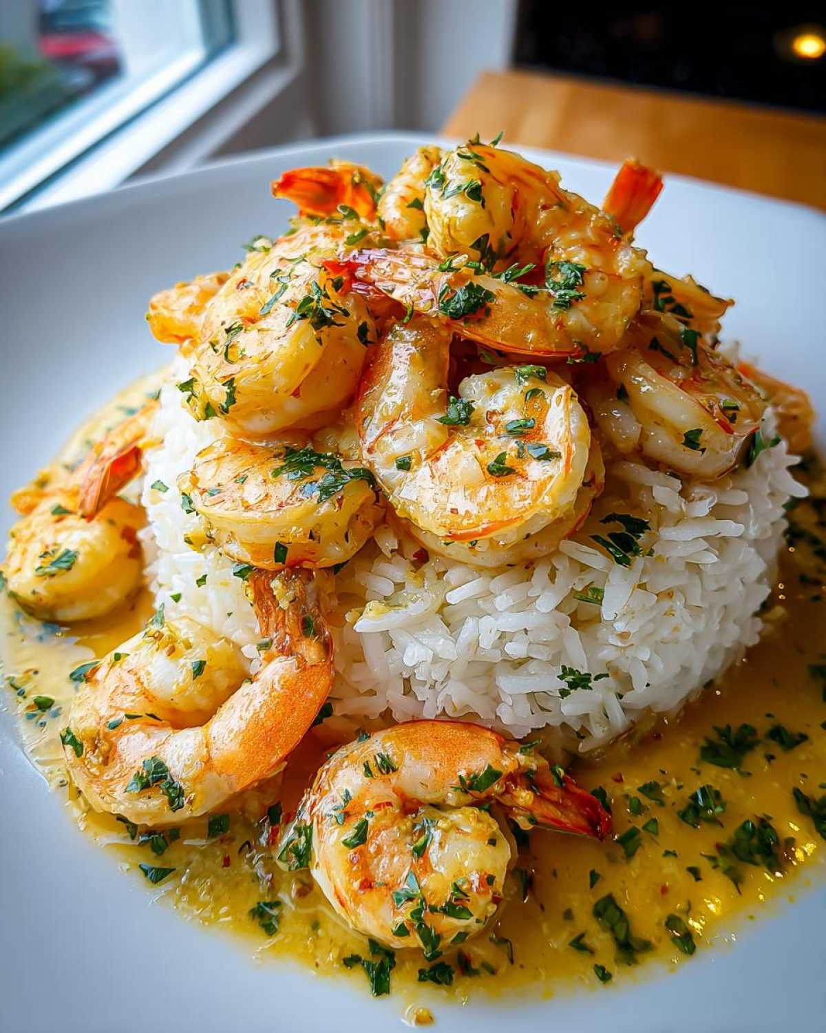 Plated serving of Garlic Butter Shrimp and Rice Easy Recipe, featuring shrimp in garlic butter sauce over white rice.