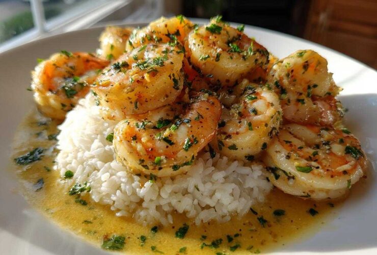 Plated Garlic Butter Shrimp and Rice Easy Recipe, featuring plump shrimp in a rich sauce over white rice.