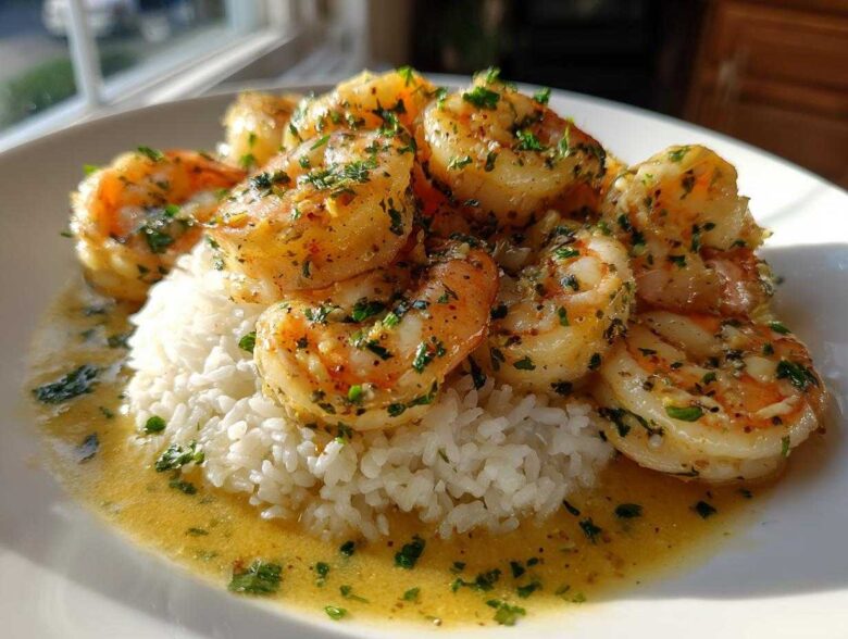 Plated Garlic Butter Shrimp and Rice Easy Recipe, featuring plump shrimp in a rich sauce over white rice.