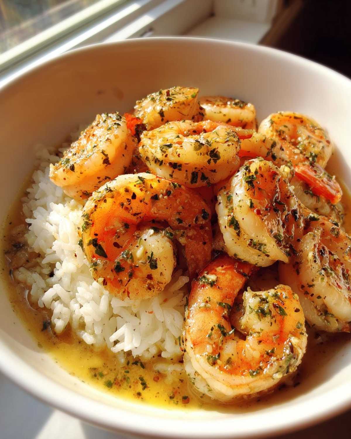 Close-up of a Garlic Butter Shrimp Bowl with Rice, featuring juicy shrimp coated in herbs and garlic butter sauce.