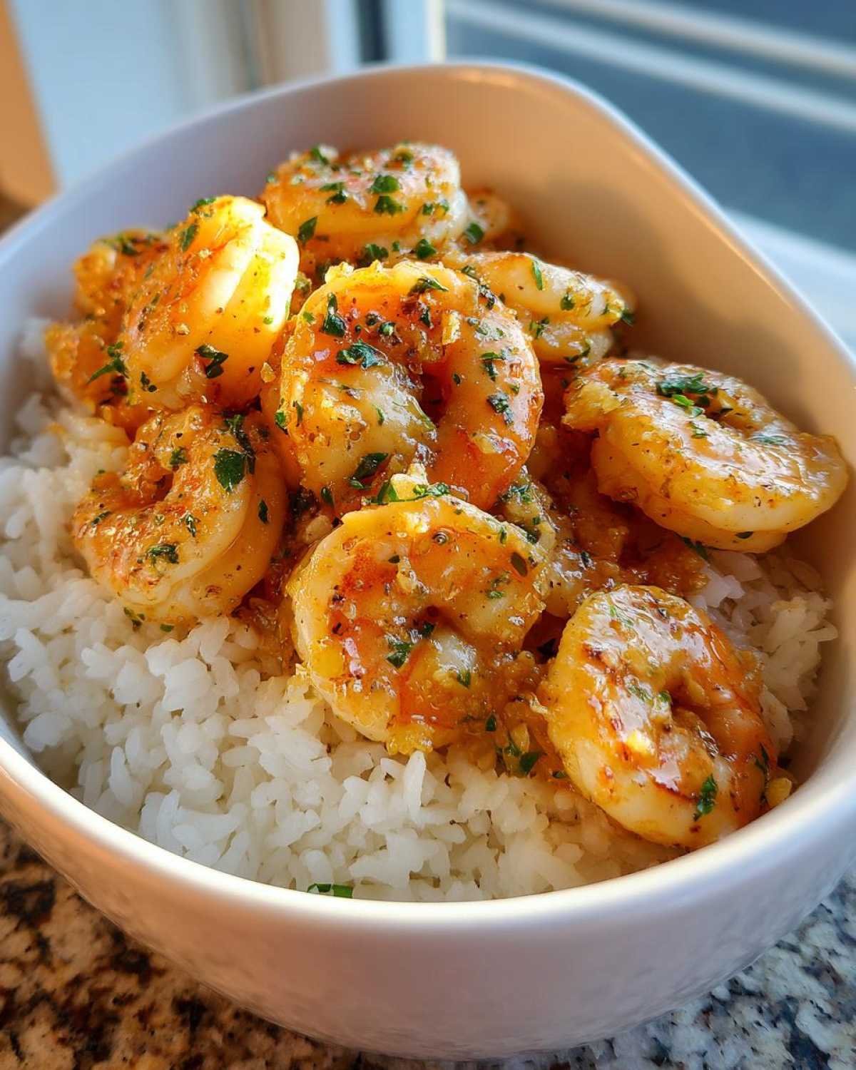 Close-up of a white bowl filled with white rice topped generously with glossy Garlic Butter Shrimp Bowl with Rice and chopped parsley.