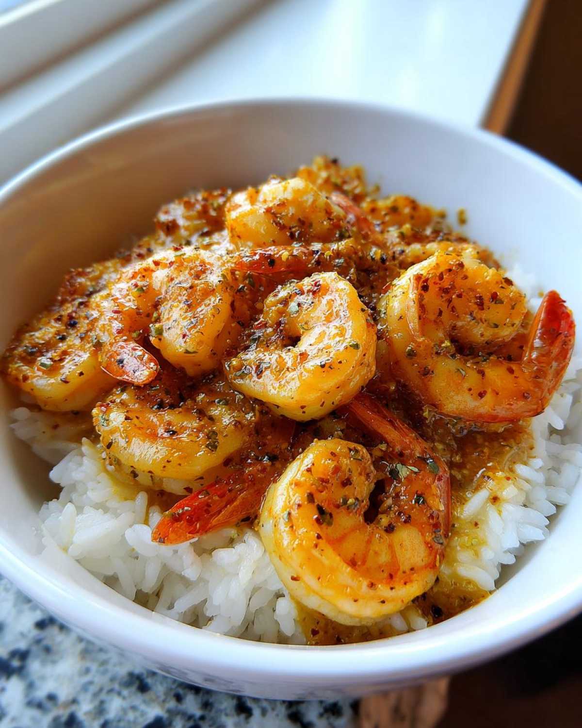 Close-up of a white bowl filled with white rice topped generously with seasoned Garlic Butter Shrimp Bowl with Rice.