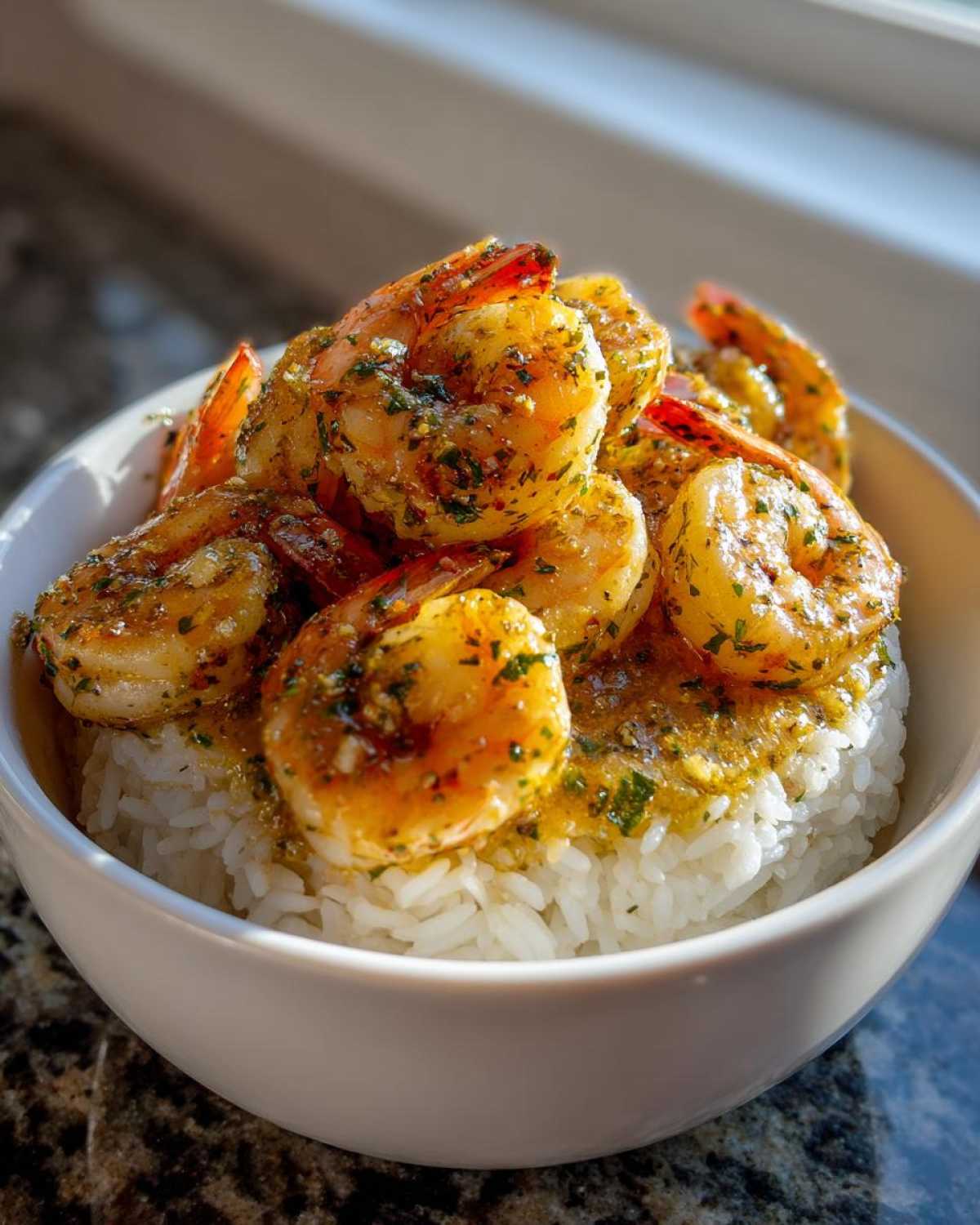 Close-up of a white bowl filled with white rice topped generously with seasoned Garlic Butter Shrimp with Rice.