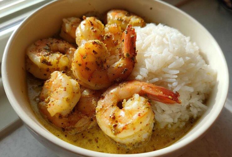 A close-up of a Garlic Butter Shrimp Bowl with Rice, featuring seasoned shrimp in a buttery sauce next to fluffy white rice.