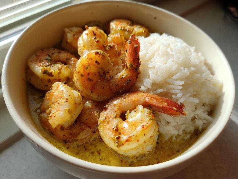 A close-up of a Garlic Butter Shrimp Bowl with Rice, featuring seasoned shrimp in a buttery sauce next to fluffy white rice.