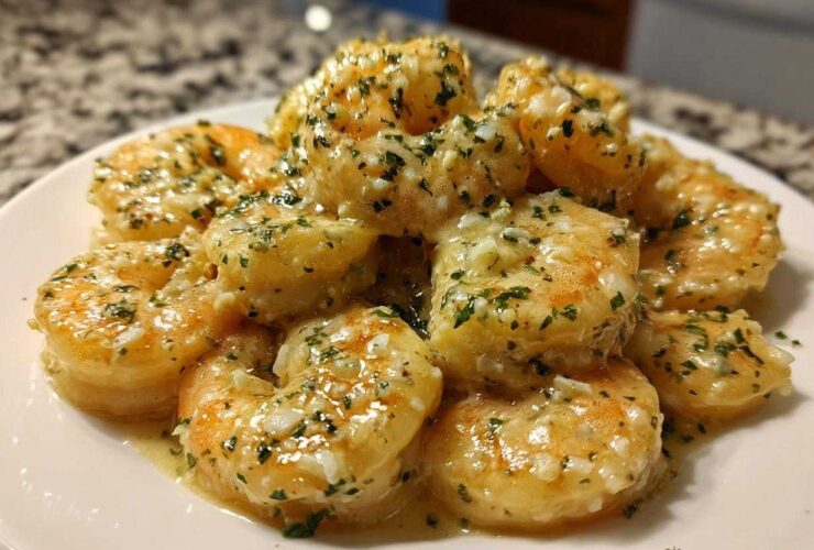 Plump shrimp coated in a rich Garlic Butter Shrimp with Creamy Parmesan Sauce, garnished with parsley.