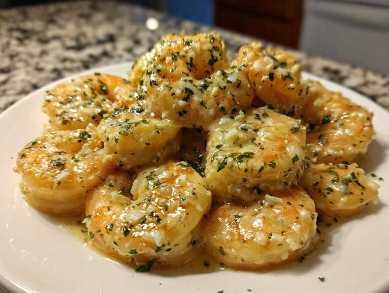 Plump shrimp coated in a rich Garlic Butter Shrimp with Creamy Parmesan Sauce, garnished with parsley.