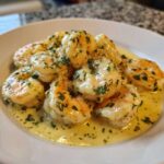 Close-up of plump shrimp coated in a rich, creamy sauce, garnished with fresh parsley, ready to serve.