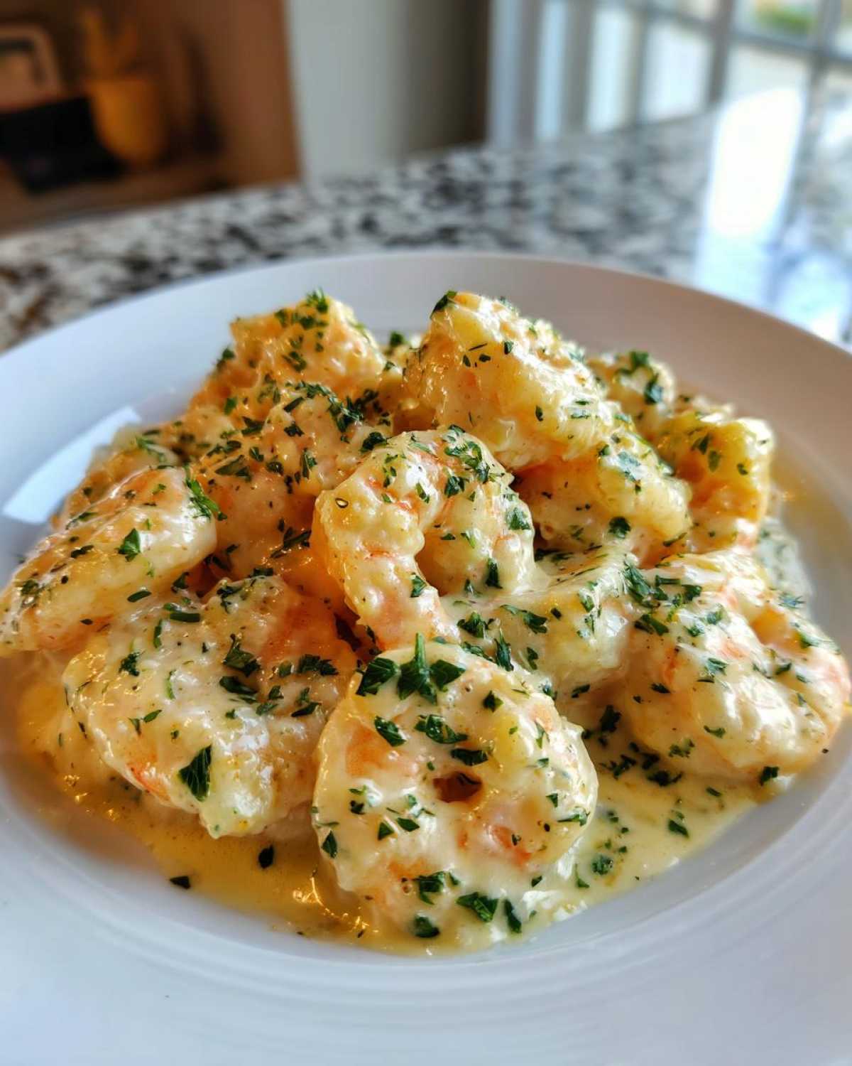 Plump shrimp coated in a rich, creamy Parmesan sauce and sprinkled with fresh parsley, showcasing the Garlic Butter Shrimp.