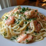 A close-up of creamy Garlic Butter Shrimp Pasta with fettuccine noodles and fresh parsley garnish.