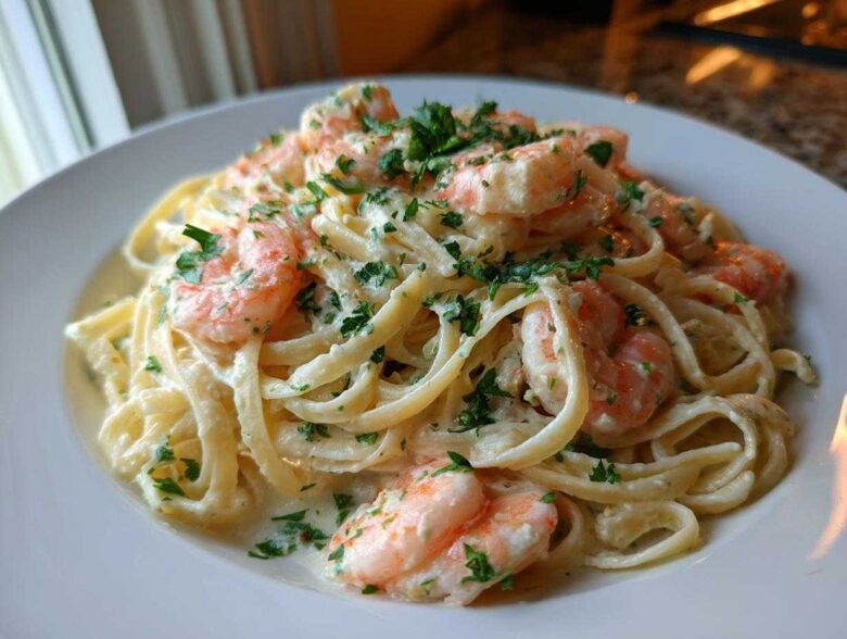 A close-up of creamy Garlic Butter Shrimp Pasta with fettuccine noodles and fresh parsley garnish.